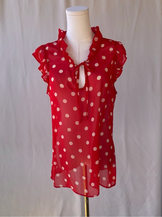 bobeau Tops - Bobeau Red Polka Dot Ruffle Blouse Medium Sheer Tie Neck Top USA